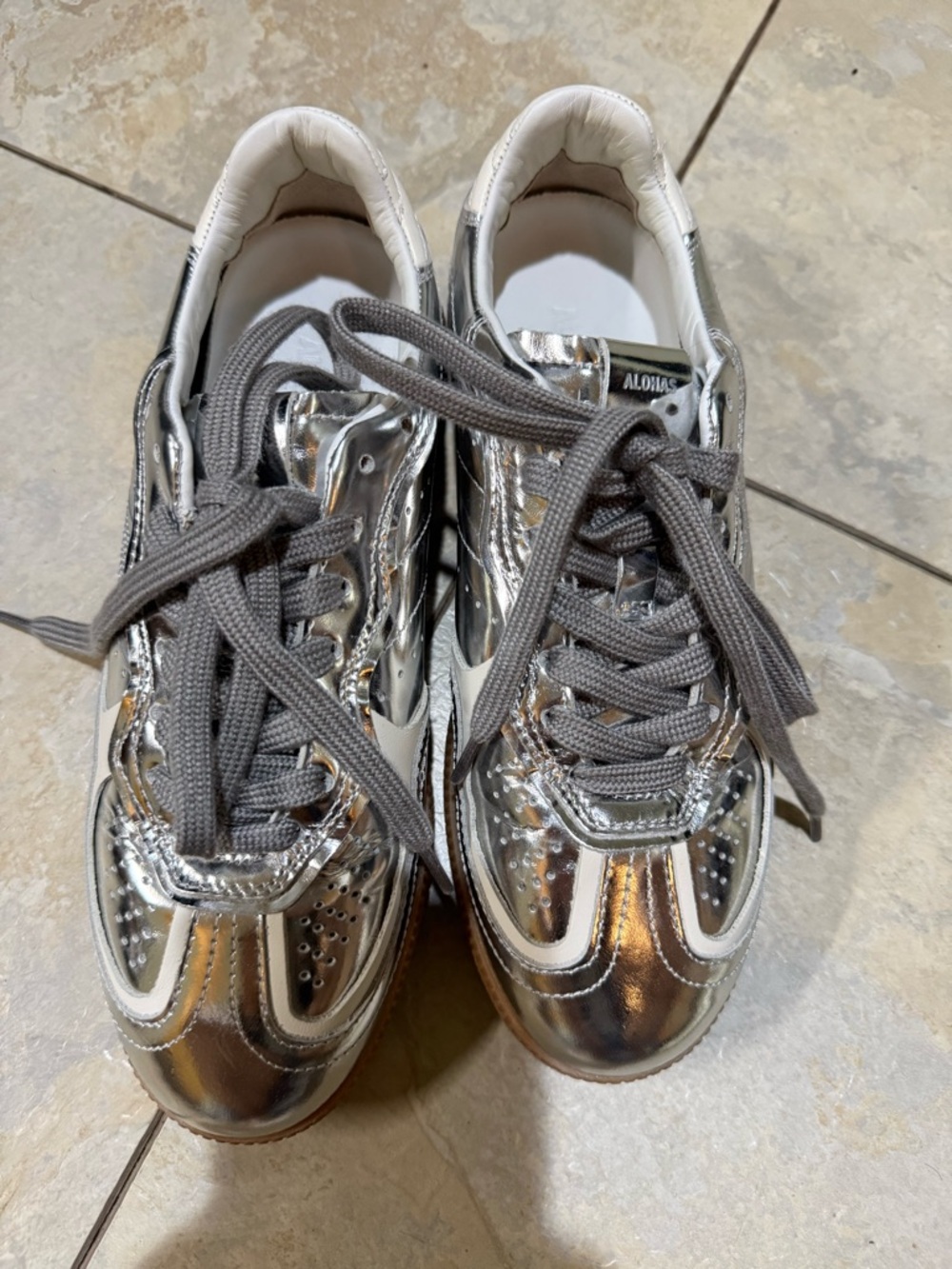 ALOHAS Metallic Silver Sneakers with Taupe Laces
